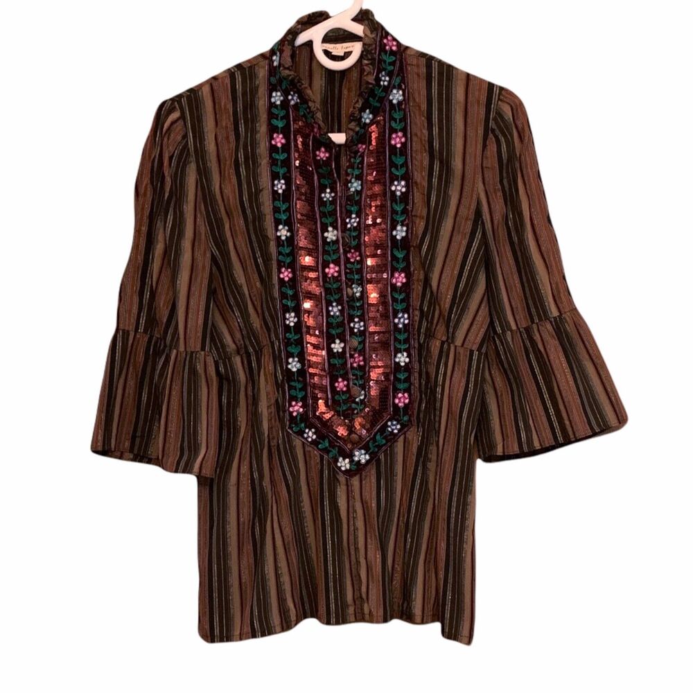 Nanette Lepore Bohemian Striped Sequin Embroidered Bell Sleeve Blouse Size 8